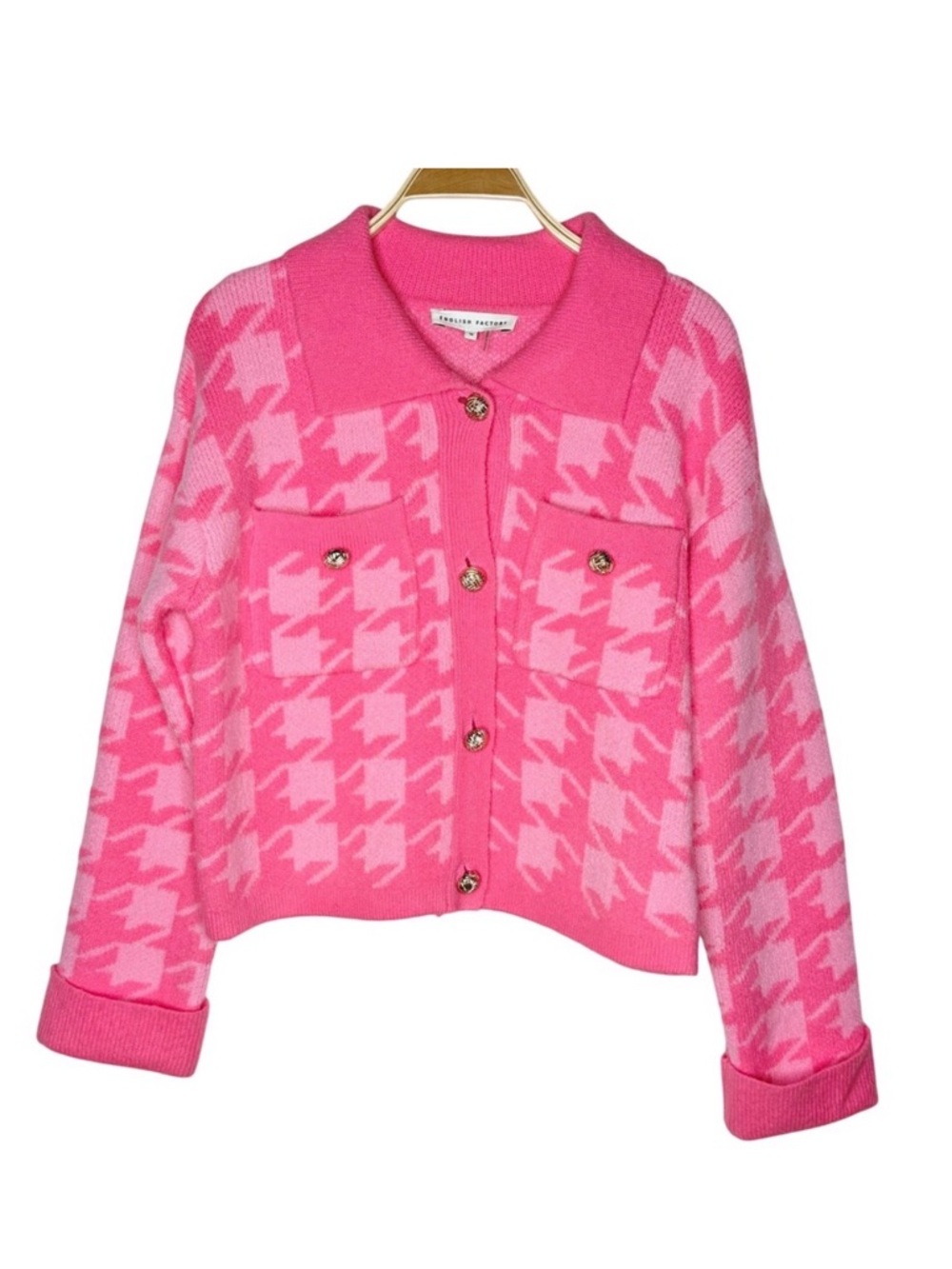 ENGLISH FACTORY Pink Houndstooth Knit Button Front Cropped Cardigan Sweater M